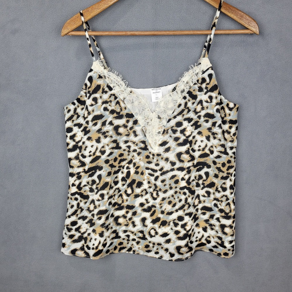 Melrose And Market Tank Top‎ Women's Small Multicolor Leopard Lace Detail V-Neck